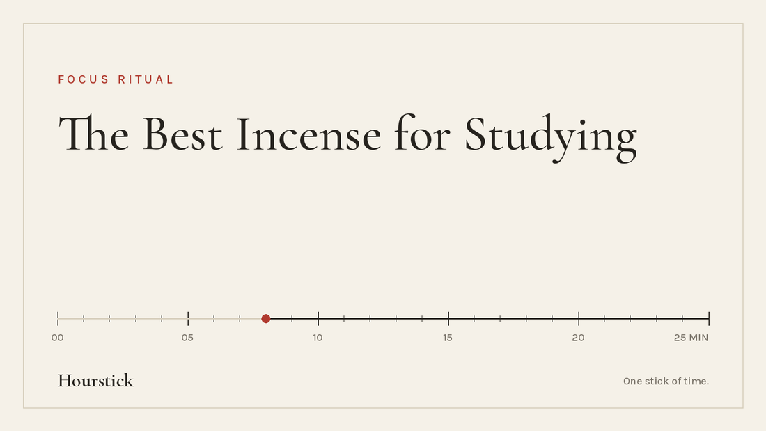 Hourstick title card for the article on best incense for studying: 'The Best Incense for Studying' in ink-black serif on paper white, above a 25-minute incense burn scale with a vermilion ember