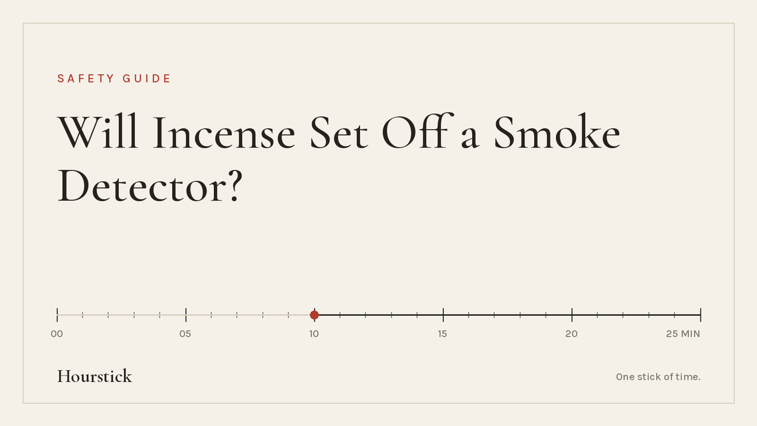 Hourstick title card for the article on will incense set off a smoke detector: 'Will Incense Set Off a Smoke Detector?' in ink-black serif on paper white, above a 25-minute incense burn scale with a vermilion ember