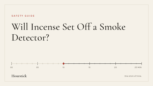 Hourstick title card for the article on will incense set off a smoke detector: 'Will Incense Set Off a Smoke Detector?' in ink-black serif on paper white, above a 25-minute incense burn scale with a vermilion ember