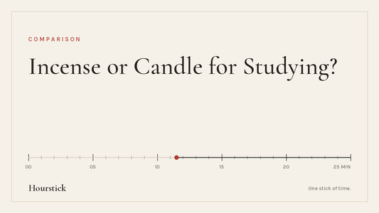 Hourstick title card for the article on incense vs candle for studying: 'Incense or Candle for Studying?' in ink-black serif on paper white, above a 25-minute incense burn scale with a vermilion ember