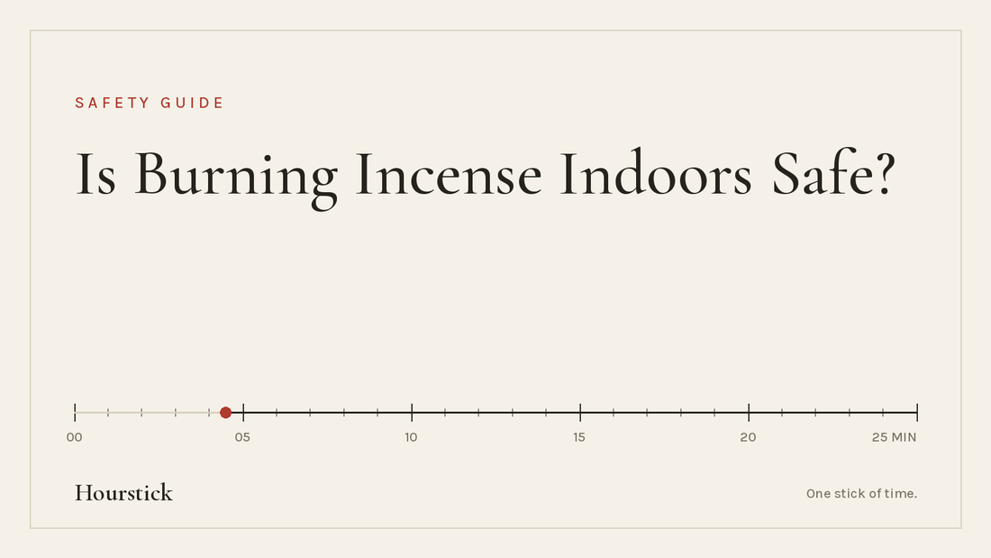 Hourstick title card for the article on is burning incense indoors safe: 'Is Burning Incense Indoors Safe?' in ink-black serif on paper white, above a 25-minute incense burn scale with a vermilion ember