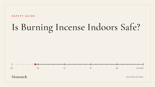 Hourstick title card for the article on is burning incense indoors safe: 'Is Burning Incense Indoors Safe?' in ink-black serif on paper white, above a 25-minute incense burn scale with a vermilion ember