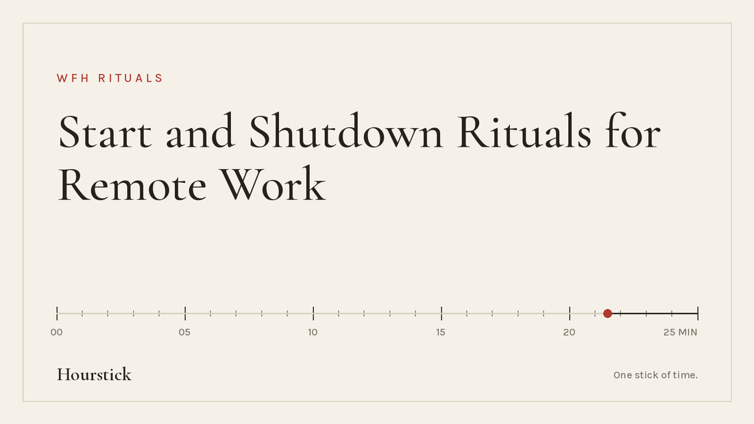 Hourstick title card for the article on start of work ritual for remote work: 'Start and Shutdown Rituals for Remote Work' in ink-black serif on paper white, above a 25-minute incense burn scale with a vermilion ember