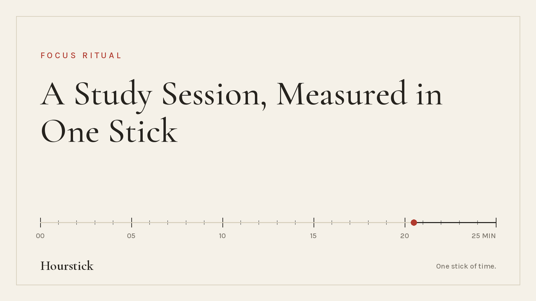 Hourstick title card for the study with me session guide: 'A Study Session, Measured in One Stick' in ink-black serif on paper white, above a 25-minute incense burn scale with a vermilion ember