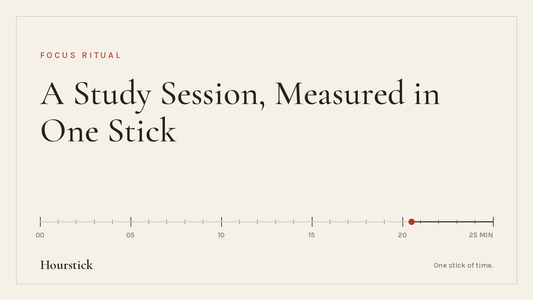 Hourstick title card for the study with me session guide: 'A Study Session, Measured in One Stick' in ink-black serif on paper white, above a 25-minute incense burn scale with a vermilion ember