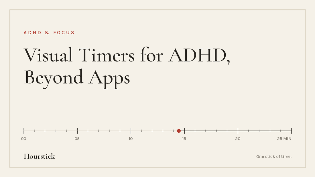 Hourstick title card for the article on visual timer alternatives for ADHD: 'Visual Timers for ADHD, Beyond Apps' in ink-black serif on paper white, above a 25-minute incense burn scale with a vermilion ember