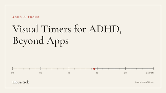 Hourstick title card for the article on visual timer alternatives for ADHD: 'Visual Timers for ADHD, Beyond Apps' in ink-black serif on paper white, above a 25-minute incense burn scale with a vermilion ember