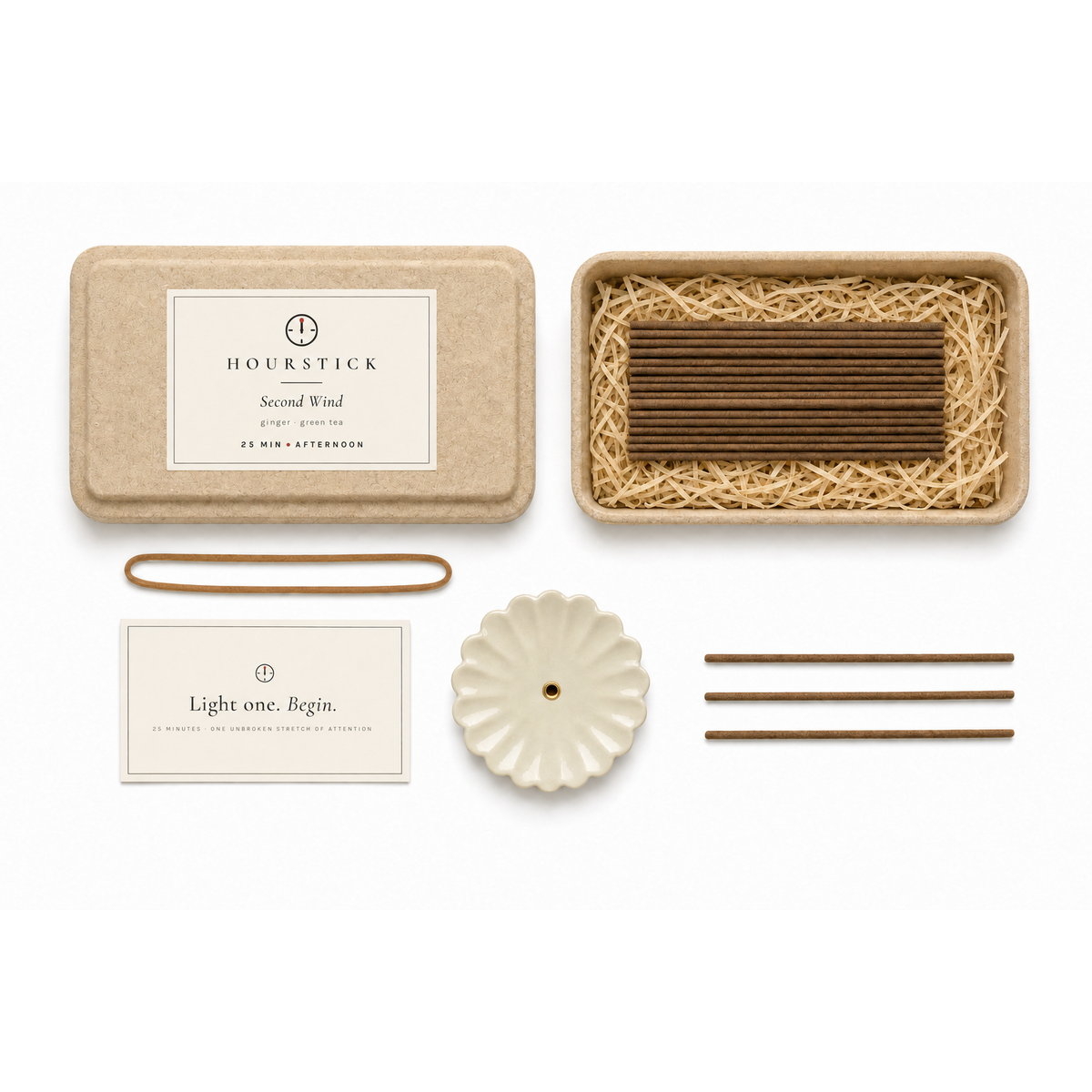 Second Wind box contents: 100 incense sticks, ceramic chrysanthemum holder, ritual card (concept preview)