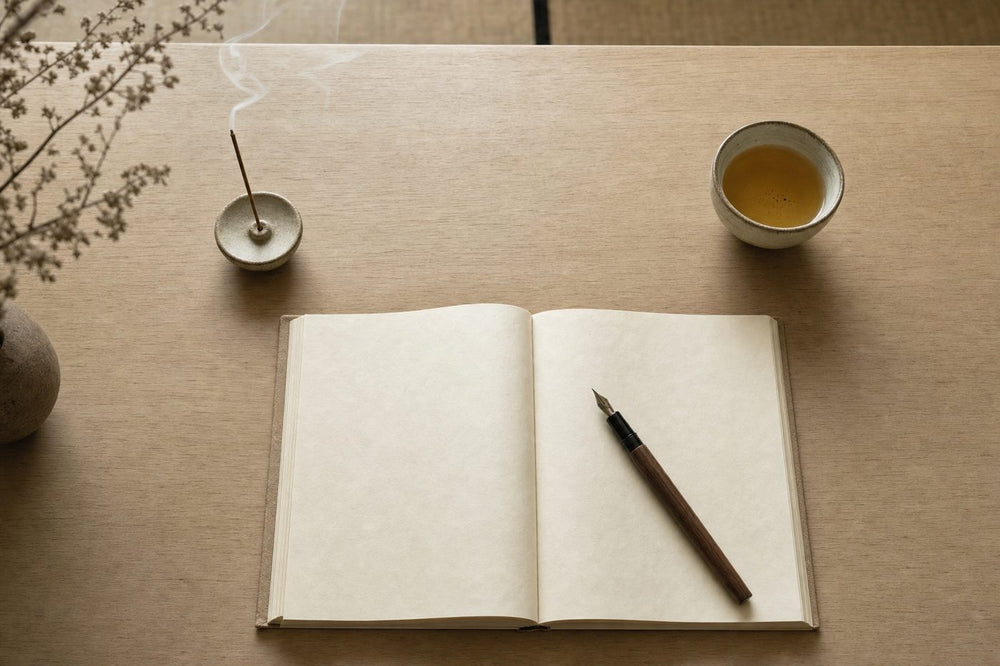 Hourstick ritual — lighting an incense stick beside a notebook