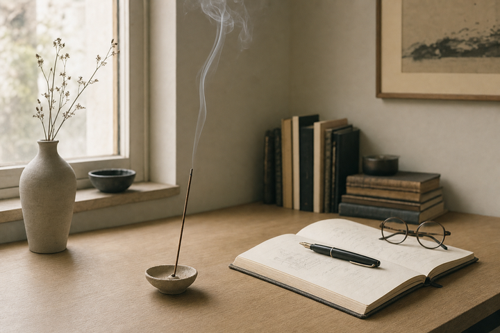 Incense burning beside an open notebook