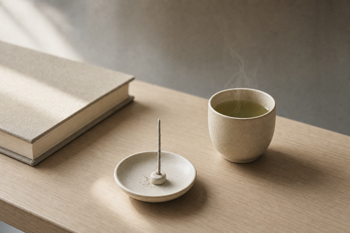 Burned-out stick beside a cup of tea