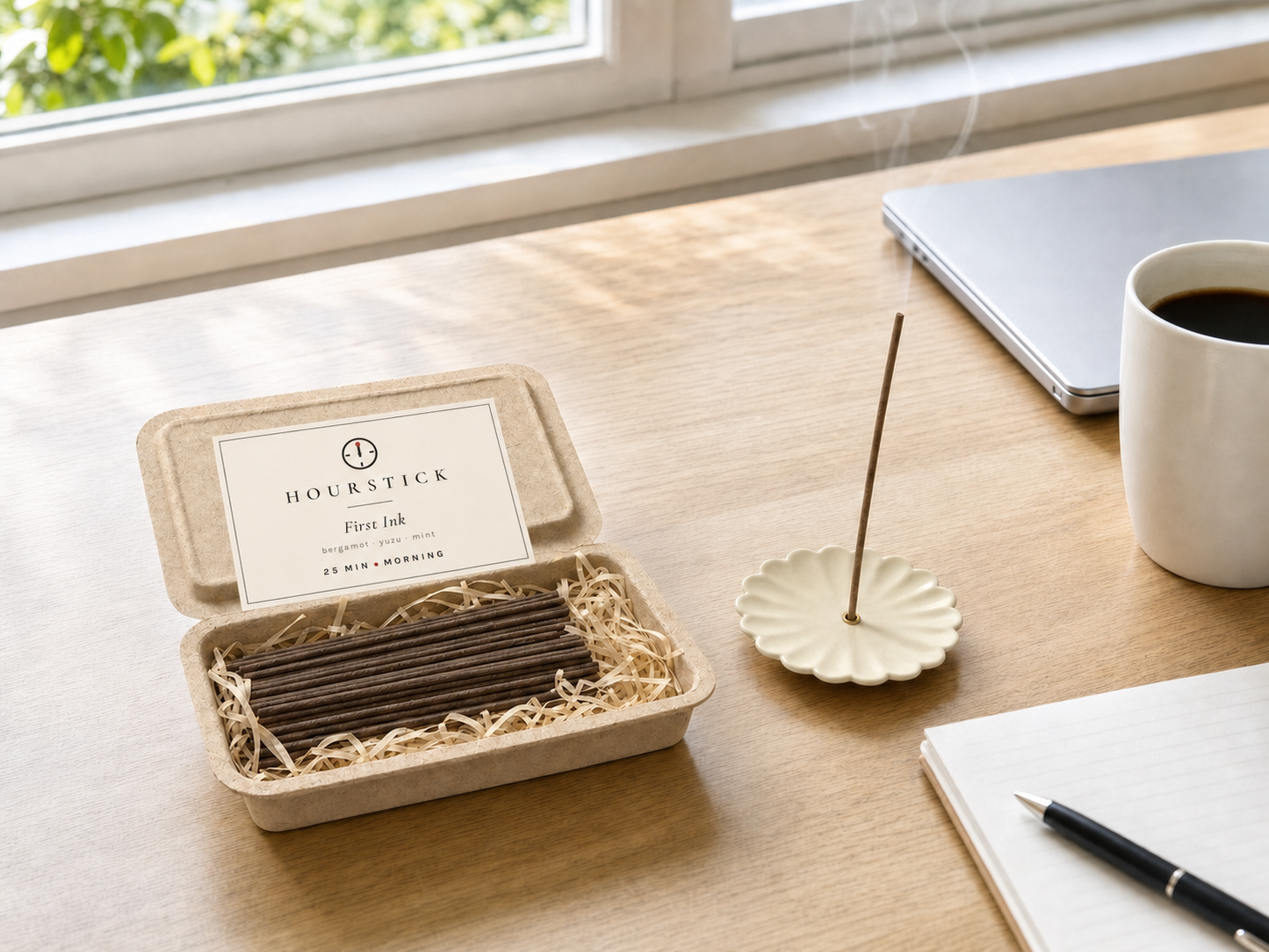 First Ink incense box with scent label open on a morning desk, stick burning in fluted ceramic holder