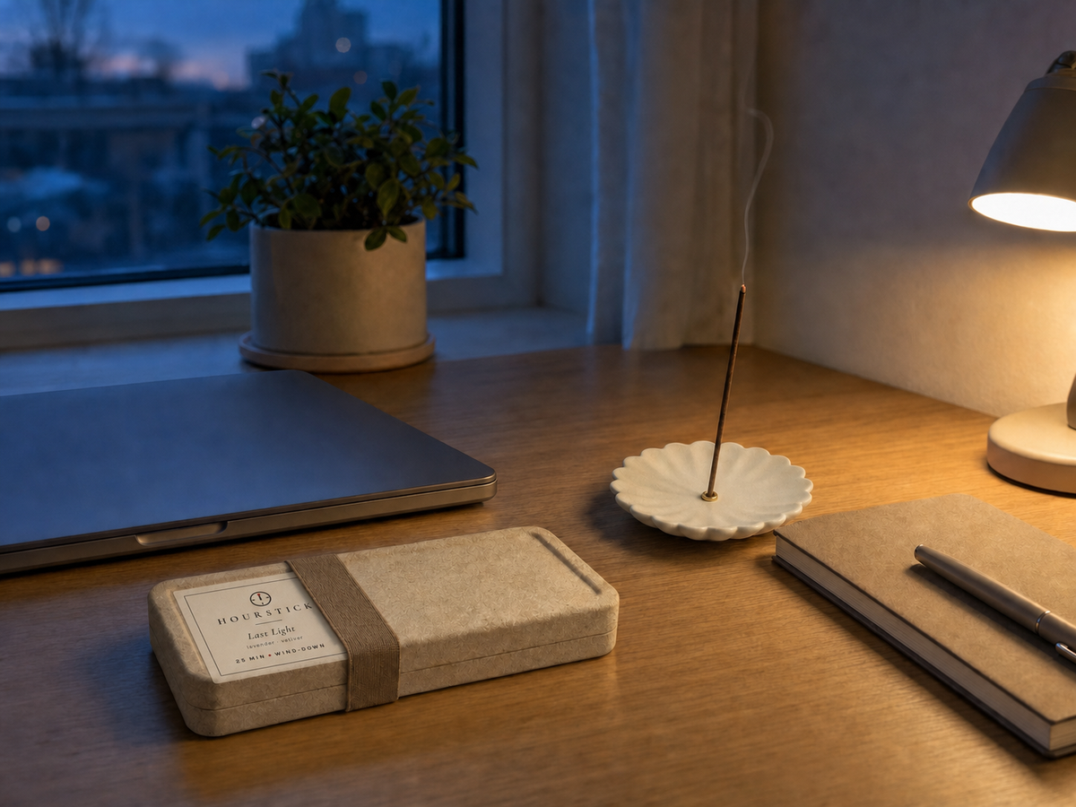 Last Light incense box with scent label closed at dusk beside notebook and lamp