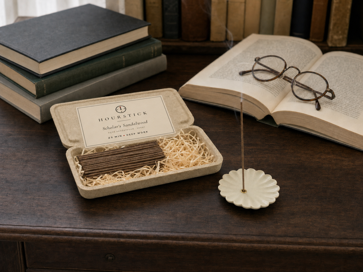 Scholar's Sandalwood incense box with scent label in a dark walnut study, stick burning in ceramic holder